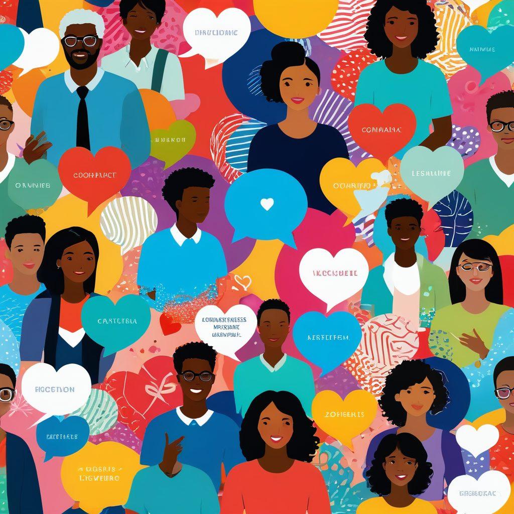 An engaging digital collage showcasing diverse community members connected through vibrant image thumbnails. Each thumbnail displays personal stories, hobbies, and cultural elements. In the background, illustrate a colorful network of interconnected lines symbolizing strong connections. Include elements like speech bubbles and hearts to emphasize sharing and interaction. bright colors. vector art.
