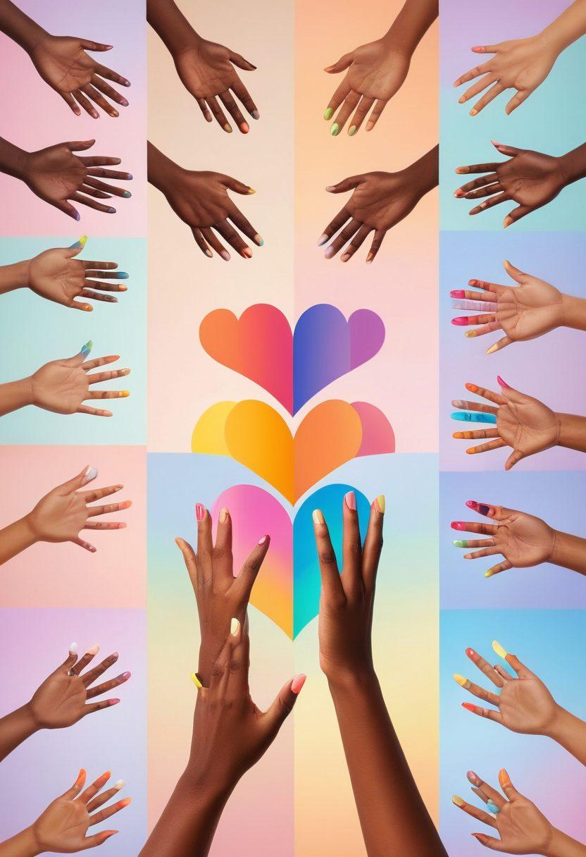 A vibrant collage of diverse hands exchanging colorful digital thumbnails showcasing hearts and friendship icons, surrounded by symbols of connectivity like WiFi signals and social media logos. The background should be soft and dreamy, evoking warmth and joy. Include a rainbow of colors to represent love and friendship. super-realistic. bright colors. soft background.