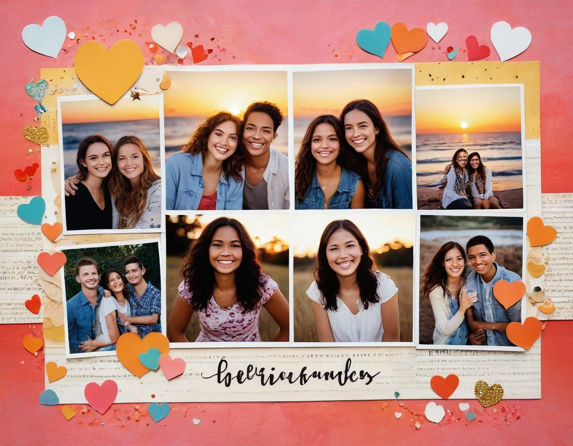 A warm, inviting collage of diverse friends joyfully sharing memories through photographs, surrounded by floating hearts and camera icons. The background features a vibrant sunset, symbolizing the beauty of friendship. Include subtle textures of scrapbook elements like stickers and notes to enhance the theme of nostalgia. super-realistic. vibrant colors. soft bokeh effect.